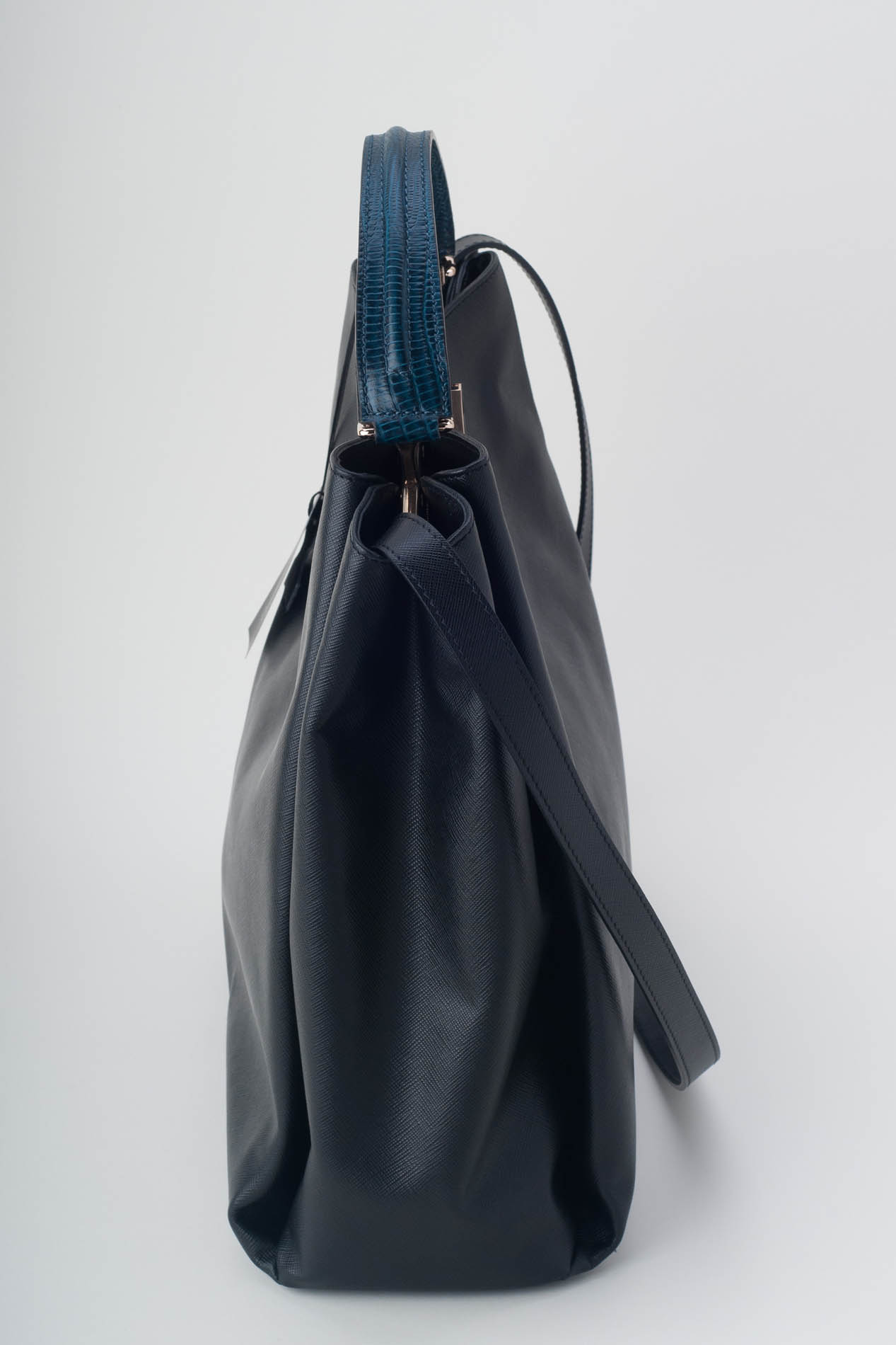 CRISTHELEN B Black Leather Handbag Tote with Strap & Blue Handle | eBay